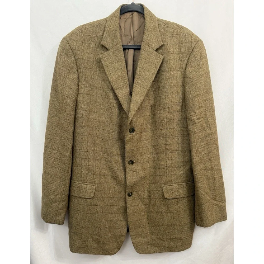 Alan Flusser Brown Windowpane Suit‎ Jacket Blazer Silk Wool Blend Mens 44L